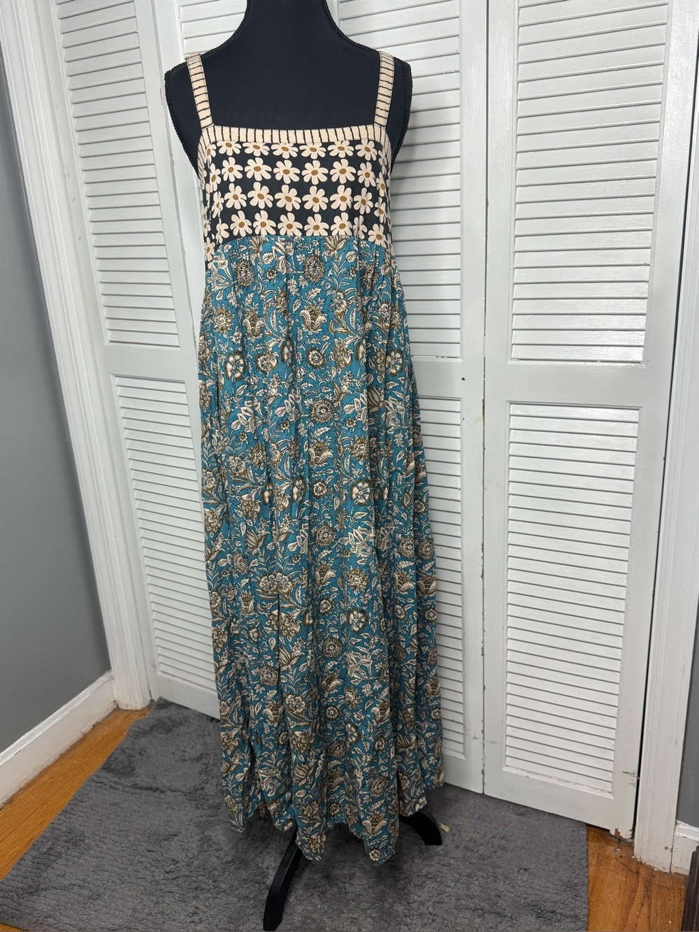 NATURAL LIFE Floral Patchwork Sundress in Beige and Blue Boho Hippie Size XS